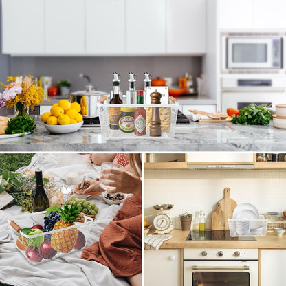 2 Pack 12" Wide Metal Mesh Baskets with Bamboo Handles for Pantry Organization | Wire Storage Bins for Kitchen, Cabinet, Fruit & Snacks | Decorative Farmhouse Style Organizer