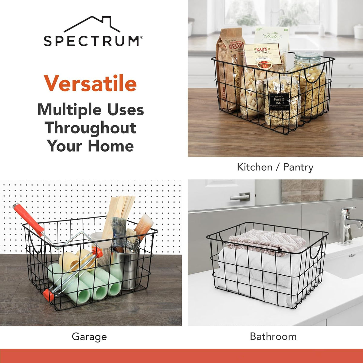 Spectrum Large Wire Basket with Handle Black Metal Utility Storage Bin for Organizing Kitchen Pantry Cabinets Closet and Garage Shelves, Steel Metal Basket Storage Organizer Bin with Handle