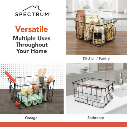 Spectrum Large Wire Basket with Handle Black Metal Utility Storage Bin for Organizing Kitchen Pantry Cabinets Closet and Garage Shelves, Steel Metal Basket Storage Organizer Bin with Handle