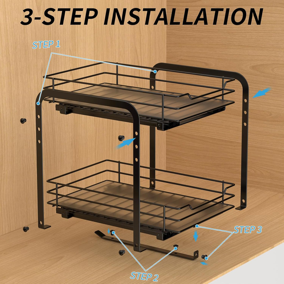 BOIVSHI 2-Tier Spice Rack, Pull Out Cabinet Organizer Spice Racks Height Adjustable Heavy Duty Metal Basket for Inside Cabinets & Pantry Closet(9.5''Wx10.5''Dx9.5''H)