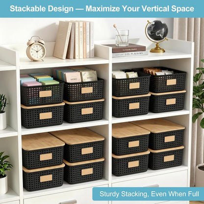 Bagnizer Small Plastic Storage Bins with Bamboo Lids 5.2qt Stackable Box Basket Pantry Decorative Containers Cute with Labels for Organizing Desktop Closet Office Cream White of 10*7.2*4.1"
