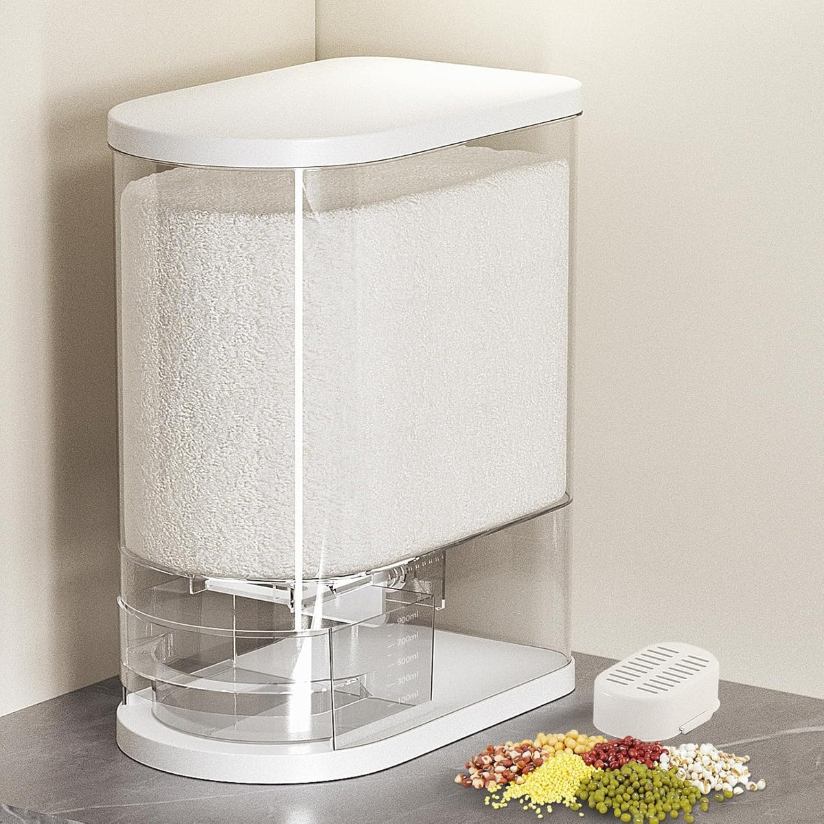 SYNCVIBE Rice Dispenser 22-25 Lbs Rice Storage Container with Measuring Cup Moisture Proof, Large Cereal Dry Food Storage, Household Airtight Food Dispenser Bucket for Kitchen Pantry Organization