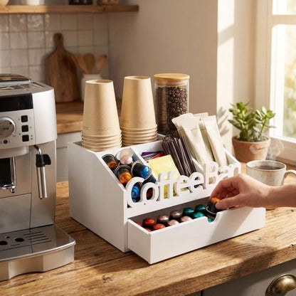 Coffee Bar Organizer for Countertop – Wooden Coffee Caddy with Compartments for Pods, Sugar Packets, and Accessories – Coffee Condiment Station Storage for Home and Office (Black)
