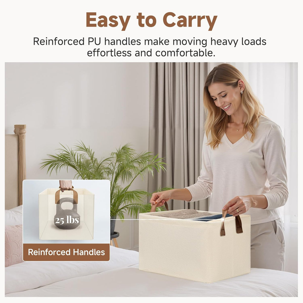 StorageWorks Storage Bins, Shelves Baskets for Organizing, Fabric Closet Organizers with Handles, Metal Frame, Beige-Cotton-linen, 2-Pack