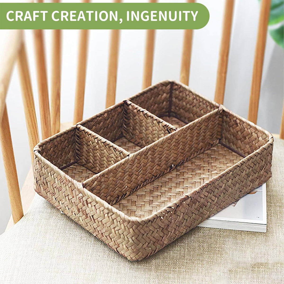 Wicker Baskets 4-Section Tea Bag/Sugar Packet Holder,Seagrass Woven Compartment Organizer,Storage Rattan Divided Basket,Office-Desk Baskets for Shelves,Pantry,Coffee Station Organizer,Countertops