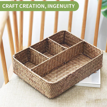 Wicker Baskets 4-Section Tea Bag/Sugar Packet Holder,Seagrass Woven Compartment Organizer,Storage Rattan Divided Basket,Office-Desk Baskets for Shelves,Pantry,Coffee Station Organizer,Countertops