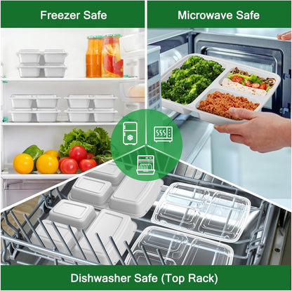 50 Pack (100-Piece) 32 oz Meal Prep Containers Reusable with Lids 3-Compartment, To Go Take Out Plastic Food Storage Containers, Sturdy Leakproof Food Safe, Microwave Freezer Dishwasher Safe, Black