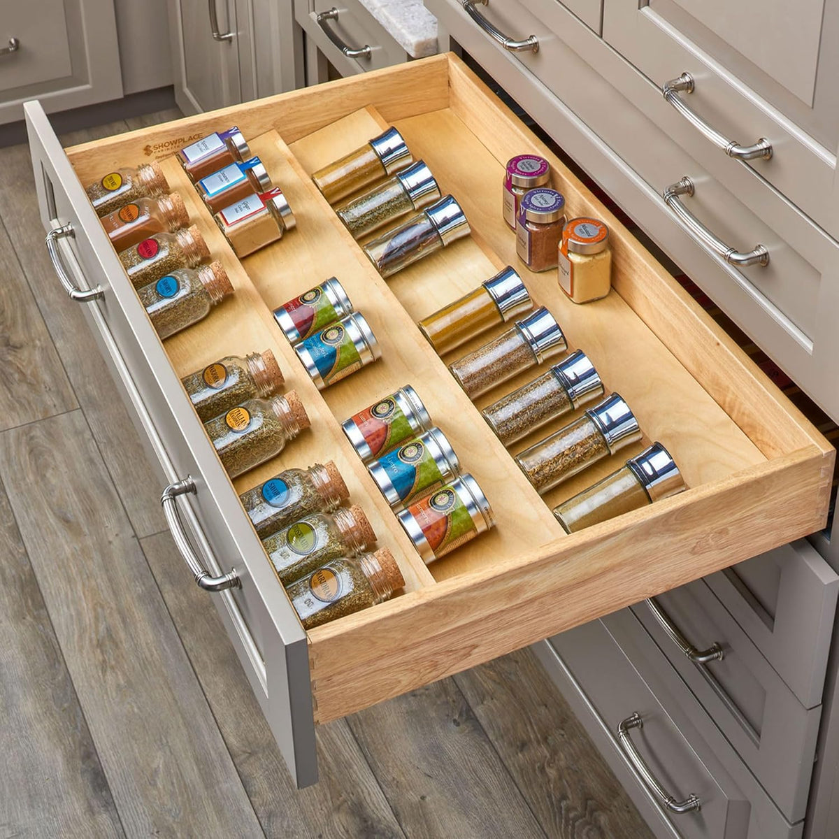 Rev-A-Shelf 36" 3 Tiered Seasoning Organizer, Trim-to-Custom-Fit Wooden Kitchen Draw and Cabinet Home Storage Insert, Pull Out Spice Rack, Maple, 4SDI-36-1