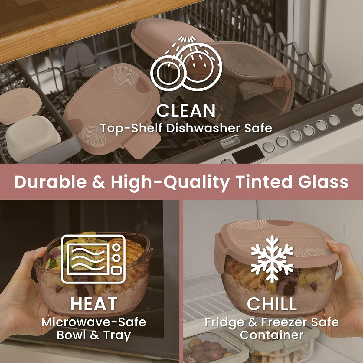 Bentgo Glass Prints Salad Container - 7.6-Cup Tinted Glass Salad Bowl with Airtight Lid, Leak-Proof Sauce Container, 4-Compartment Bento Meal Prep Tray & Reusable Fork (Floral Maximalist - Sea)