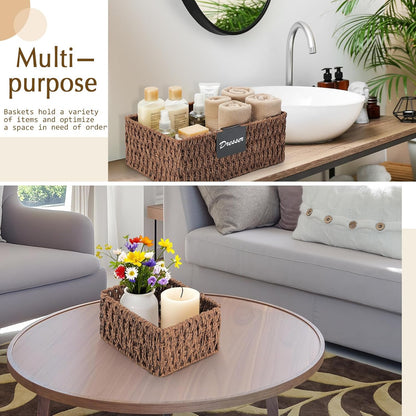 Marsui 6 Pcs Wicker Storage Baskets with Labels Handwoven Multi-size Brown Wicker Storage Bins for Organizing Small Baskets Container for Shelves Closet Pantry Toilet(Brown )