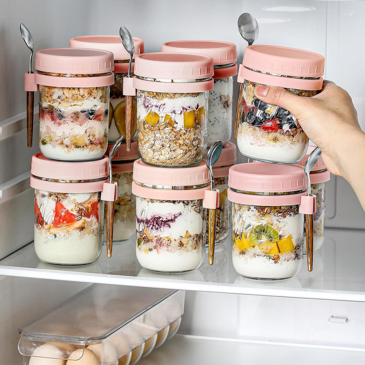 4 Pack Overnight Oats Containers with Lids and Spoons, 16 oz Glass Mason Jars with Airtight Lids, Overnight Oats Jars for Milk, Cereal, Fruit