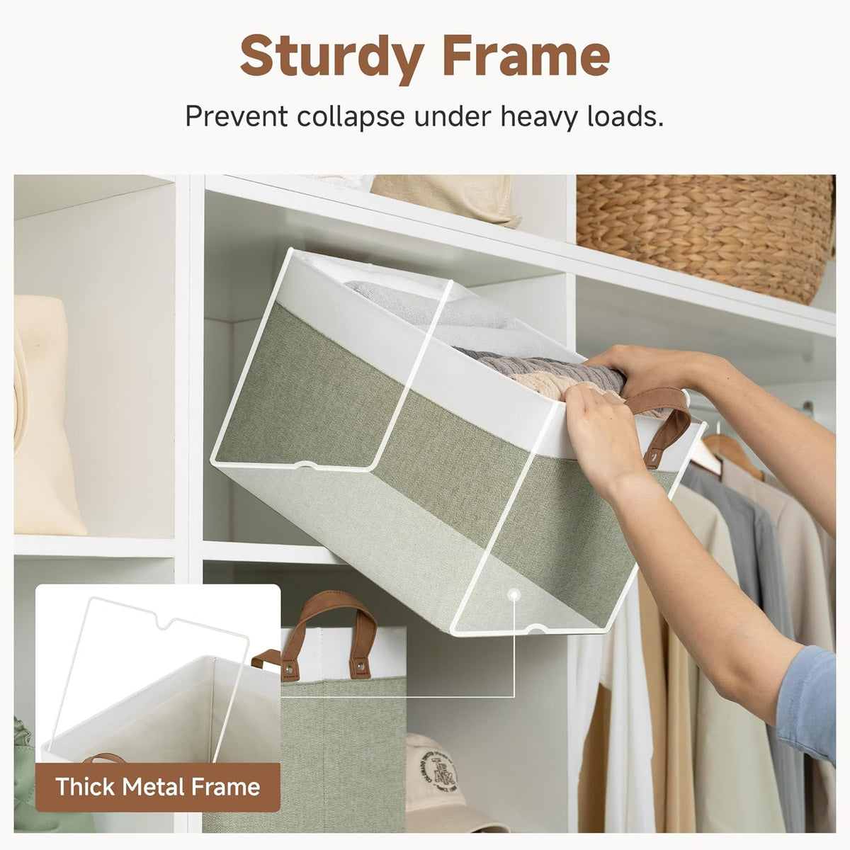 StorageWorks Storage Bins, Shelves Baskets for Organizing, Fabric Closet Organizers with Handles, Metal Frame, Beige-Cotton-linen, 2-Pack