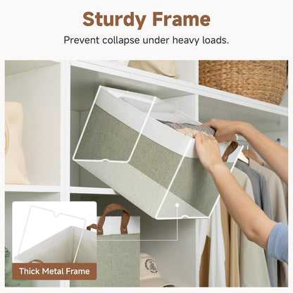 StorageWorks Storage Bins, Shelves Baskets for Organizing, Fabric Closet Organizers with Handles, Metal Frame, Beige-Cotton-linen, 2-Pack