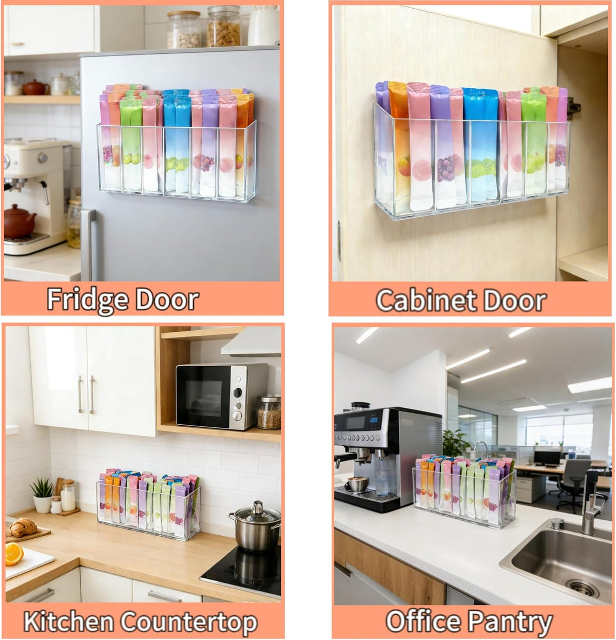 Drink Packet Organizer, Mounted Water Packet Organizer Holder with Magnetic and Adhesive Sticker, Kitchen Pantry Organizer Storage for Fridge Cabinet Countertop