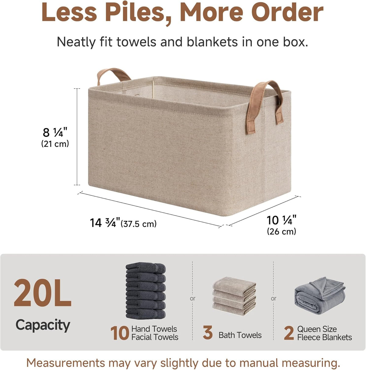 StorageWorks Storage Bins, Shelves Baskets for Organizing, Fabric Closet Organizers with Handles, Metal Frame, Beige-Cotton-linen, 2-Pack