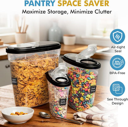 Shazo 3 PC Cereal Container Storage Set (5.2L, 2.8L, 1.2L) - Large Airtight Food Storage Containers with Flip-Top Lids, BPA-Free Plastic Cereal Dispenser for Pantry, Rice, Flour, Sugar & Pasta