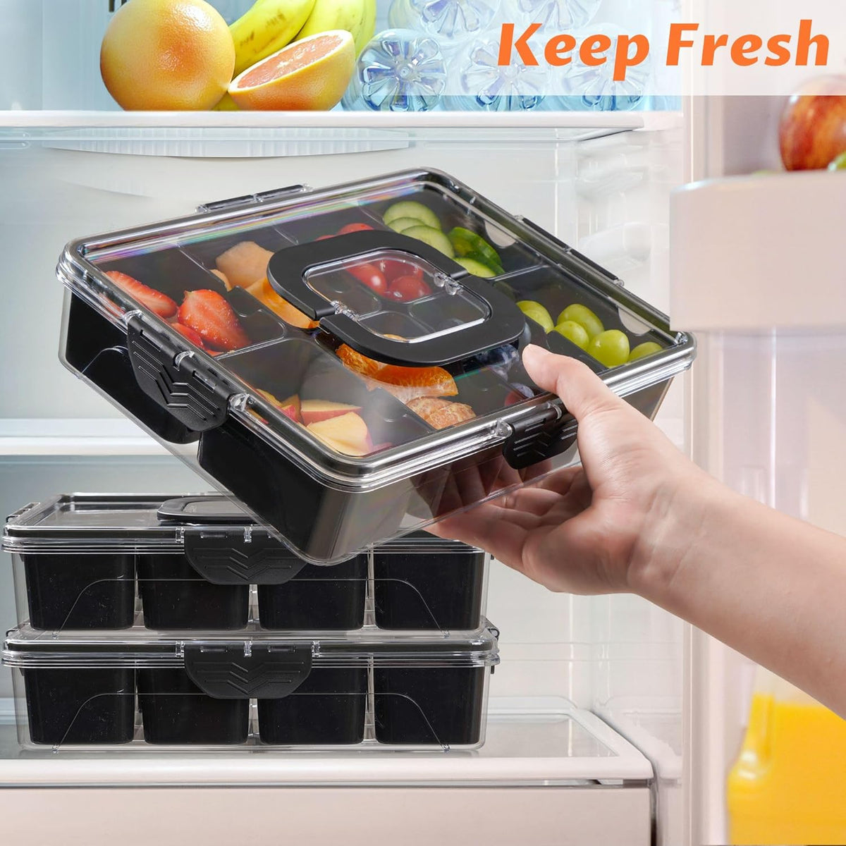 TCHZA Snackle Box Container, Dishwasher Safety - Divided Serving Tray with Lid and Handle, Charcuterie Board for Portable Snack Platters - Clear Organizer for Fruits Snacks,Perfect for Road Travel