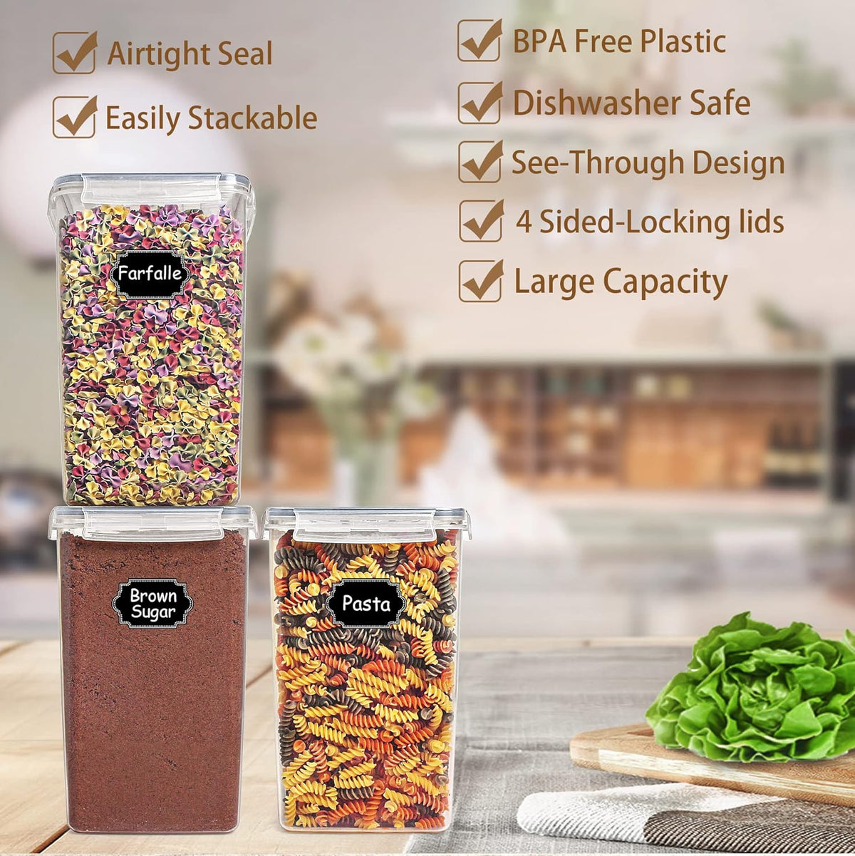 Wildone Large Food Storage Containers 5.2L /175oz, 4 Piece BPA Free Plastic Airtight Food Storage Containers for Flour, Sugar, Baking Supplies, Kitchen & Pantry Containers with 20 Labels