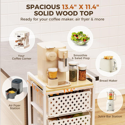 5 Tier Kitchen Storage Cart with Wheels, Utility Fruit Vegetable Storage Rack Stand with Pull-Out Baskets & Wood Top, Metal 4-Drawers Rolling Snack Cart, Kitchen Cart for Potato Onion(Black)