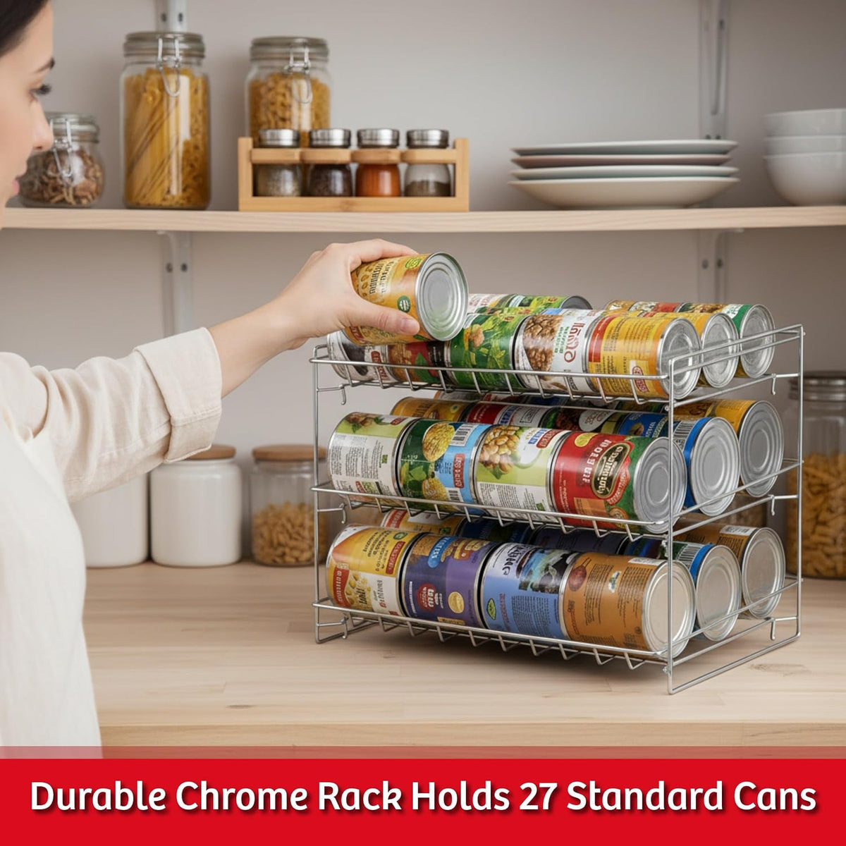 Lavish Classic Cuisine 3 Tier Dispenser-Organizer Rack Holds up to 27 Cans-for Kitchen Pantry, Countertops, and Cabinets-Storage Accessories (Chrome)