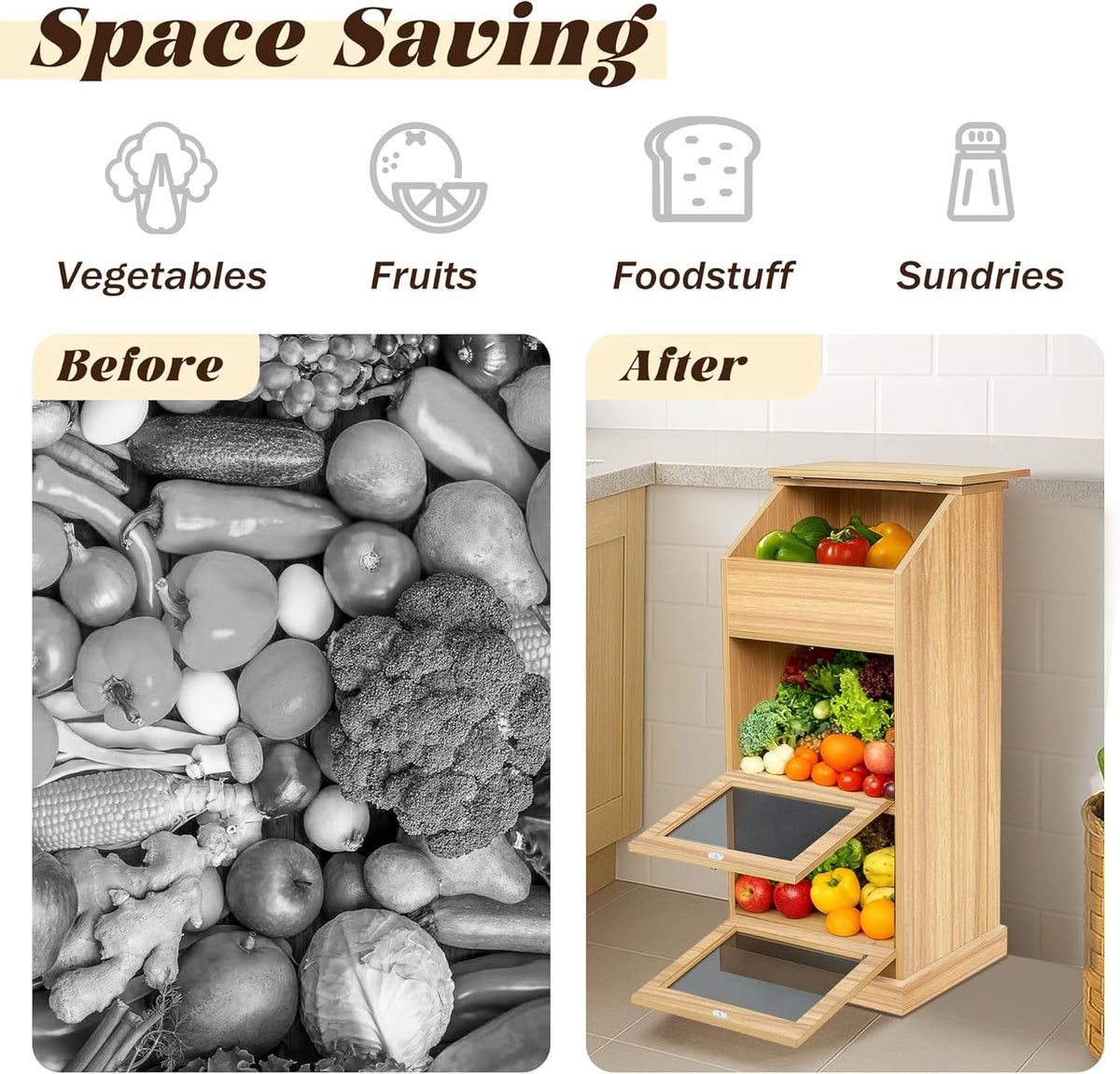 Potato Storage Bin, 3-Tier Potato and Onion Storage Bin with Lid, Wooden Bread Box for Fruit and Vegetable,Food Storage Containers for Kitchen Pantry (Oak)