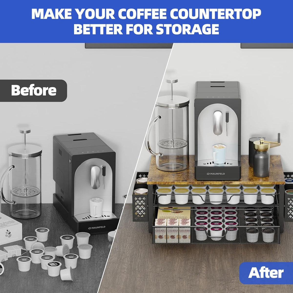 Simple Trending Coffee Pod Holder for K Cups, with 2 Tier Slidng Storage Drawer and Coffee Accessories Holder, 63 Large or 80 Small Capsule Organizer, Black