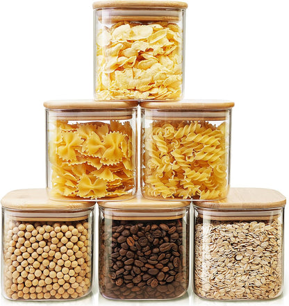 HomArtist Square Glass Jars with Bamboo Lids [Muti Size Set of 5], Glass Canisters with Airtight Lids, Glass Food Storage Containers for Pasta, Cereal, Flour, Sugar, Best for Kitchen & Pantry