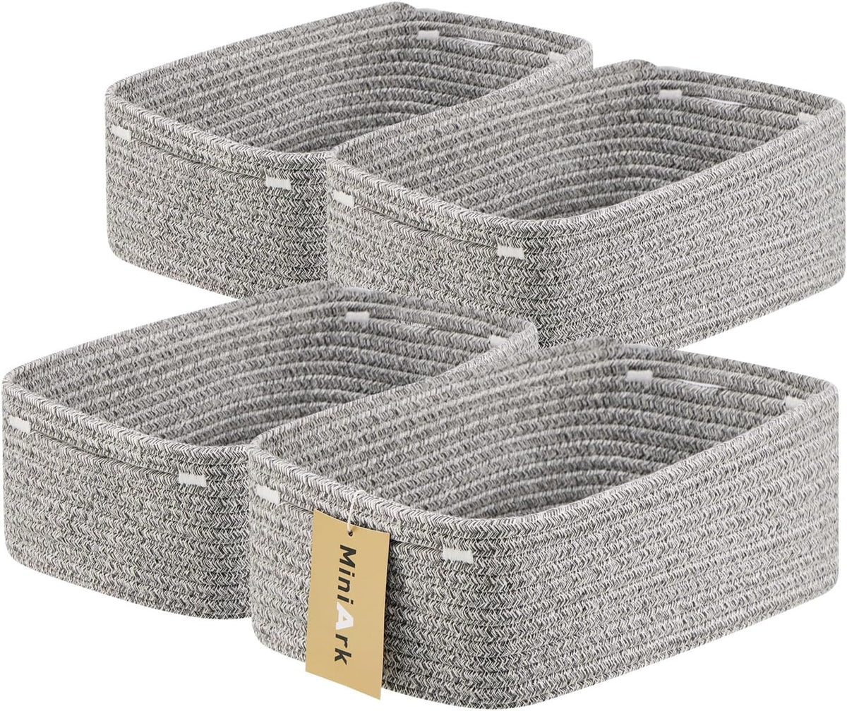 MiniArk Small Storage Baskets for Organizing | Closet Organizer Bins | Shelf Toy Basket | Woven Rope Baskets | Cube Decorative Box | Shallow Basket | L11.5xW7.5xH4.7| Brown