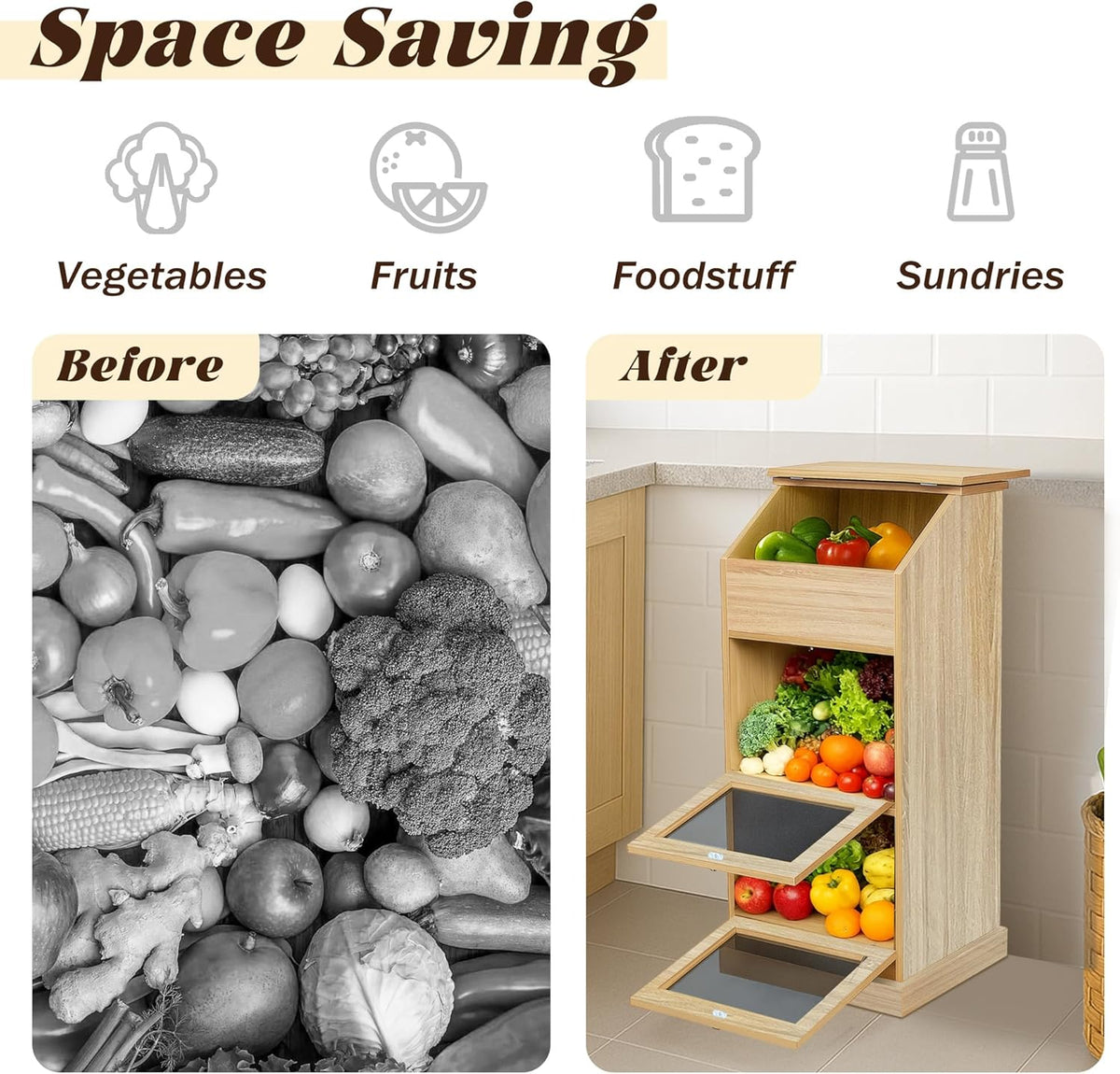 Potato Storage Bin, 3-Tier Potato and Onion Storage Bin with Lid, Wooden Bread Box for Fruit and Vegetable,Food Storage Containers for Kitchen Pantry (Oak)