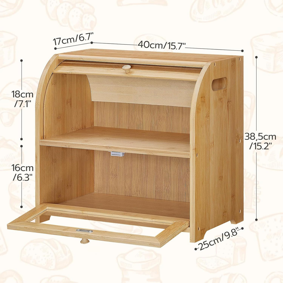 HOOBRO Bread Box, Bamboo Bread Box for Kitchen Countertop, 2 Tier Roll-Top Bread Bin, Food Storage Box, Large Capacity Keeper, Wooden Storage Cabinet, for Kitchen, Dining Room, Natural YL13MB01