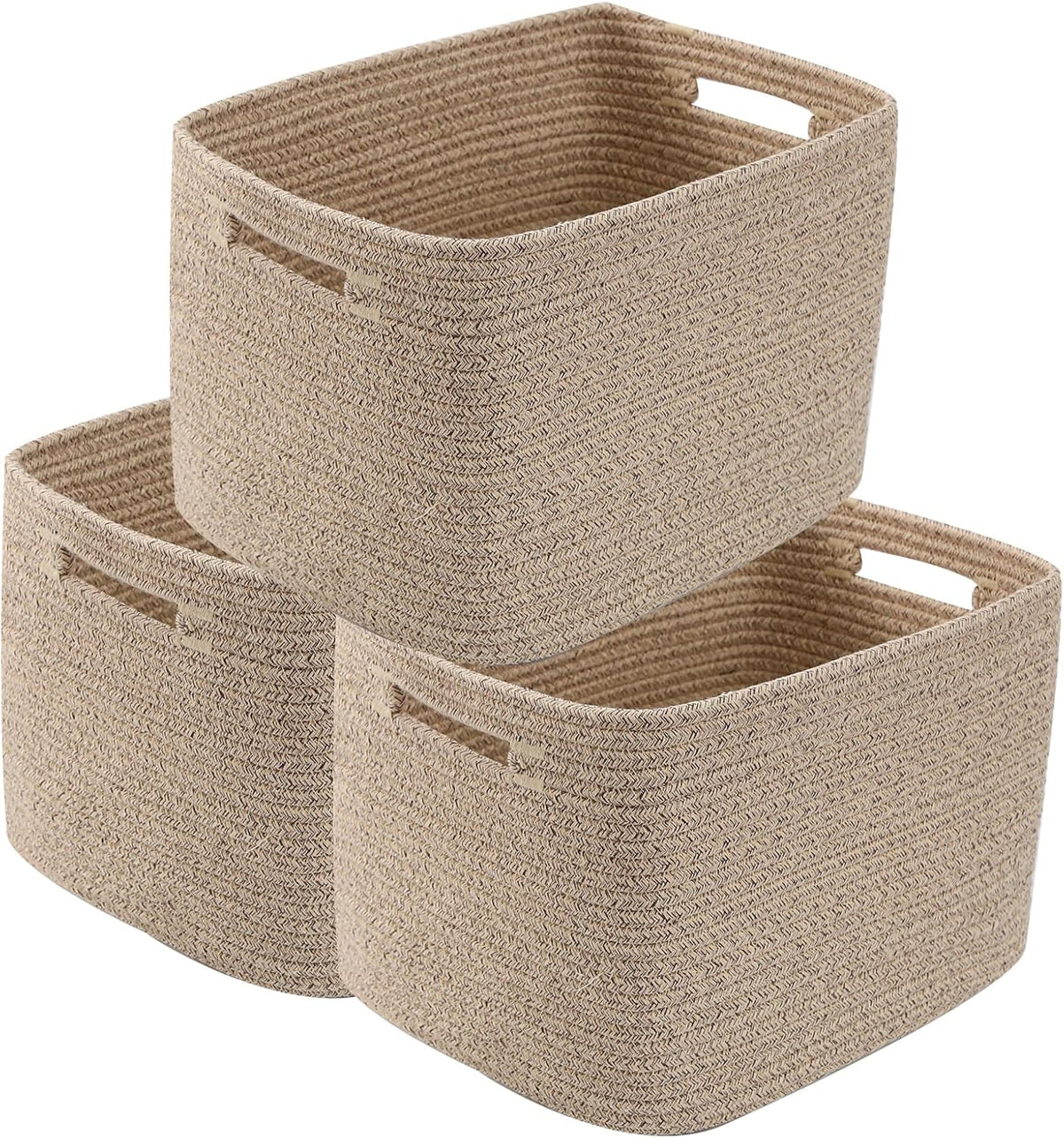 3 Pack Woven Rope Storage Baskets for Shelves,13.5"×11"×9.5" Storage Bins with Handles,Empty Gift Baskets,Nursery Organizer for Toys,Towels,Books,Closet,Living Room,Bedroom (White & Brown)