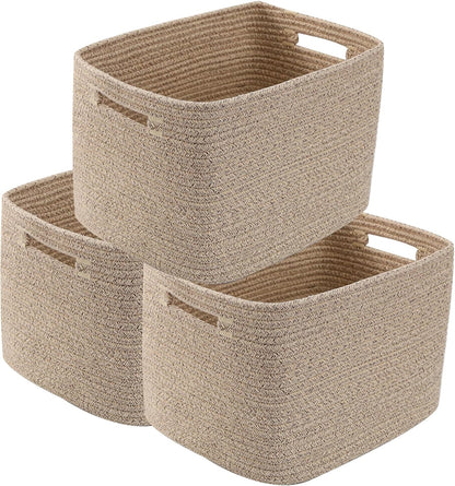 3 Pack Woven Rope Storage Baskets for Shelves,13.5"×11"×9.5" Storage Bins with Handles,Empty Gift Baskets,Nursery Organizer for Toys,Towels,Books,Closet,Living Room,Bedroom (White & Brown)