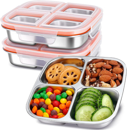 KTKUDY Stainless Steel Snack Containers - Divided Bento Snack Box - 4 Compartment Meal Prep Lunch Containers for Kids Daycare, School, Work, Travel