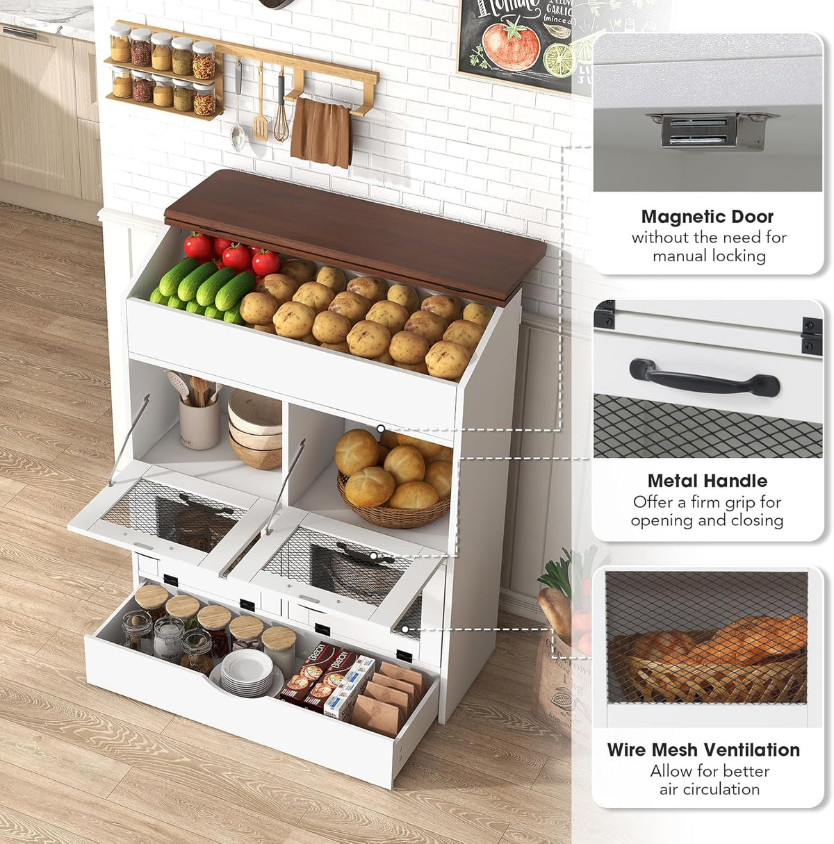 Patiorama Wood Potato and Onion Storage Bin Box with Lid, 4-Tier Farmhouse Wooden Bread Box Cabinet with 2 Mesh Doors & Rolling Drawer, Large Vegetable Storage Bin Organizer for Kitchen Pantry White