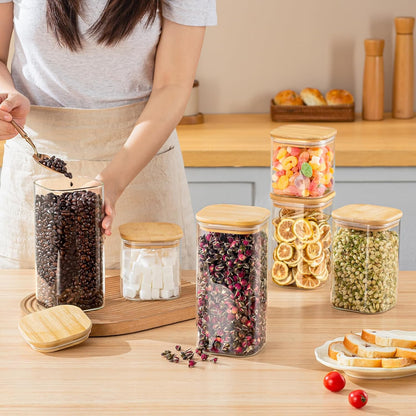 SENTVEND 37 Oz Glass Storage Jars with Bamboo Lids - 6 Pack Clear Glass Canisters Square Airtight Stackable Ideal for Pantry Storage Containers Organizers Great for Storing Oats Coffee Beans Nuts etc