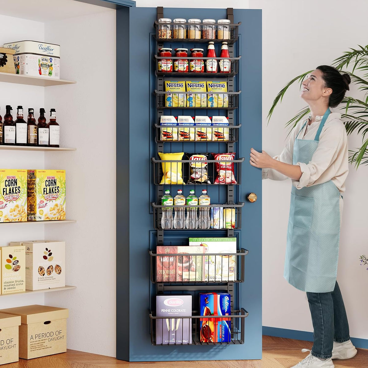 Over The Door Pantry Organizer, 8-Tier Over The Door Organizer with Adjustable Baskets, Metal Hanging Spice Rack for Pantry Organizers and Storage, Suitable for Kitchen Laundry Room & Bathroom, White