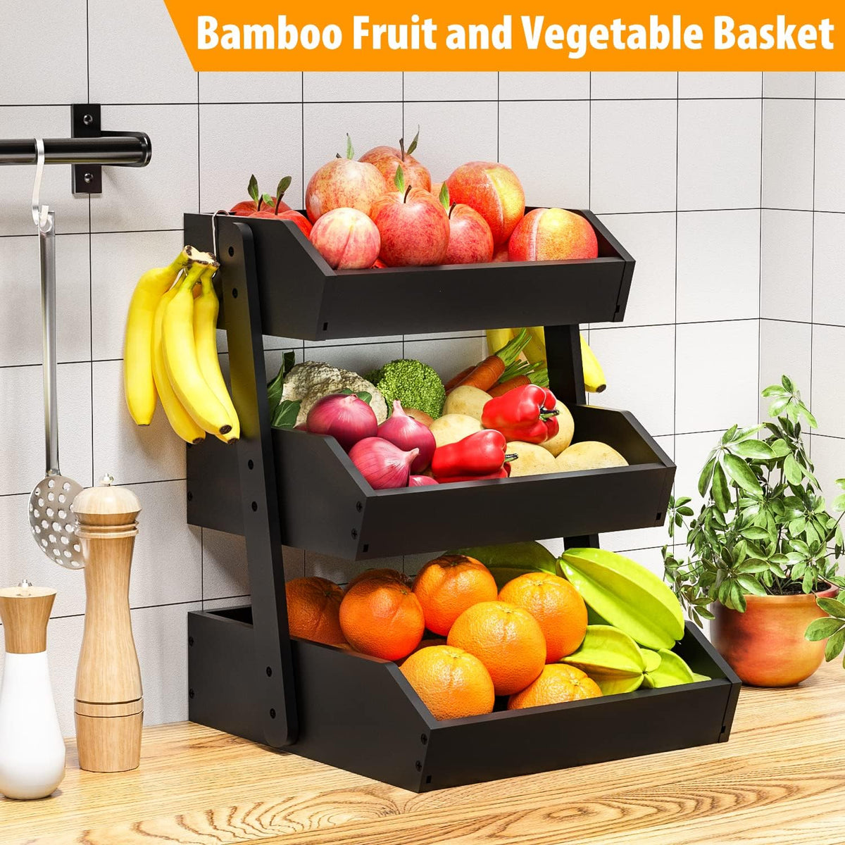 Gmtsl Bamboo Fruit Basket for Kitchen – 3 Tier Fruit Bowl For Kitchen Counter, Large Fruit Holder With 2 Banana Hangers, Idea For Fruit and Vegetable Storage, Bread Basket, Snack Organizer(BLACK)