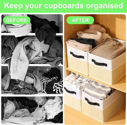 Closet Storage Bins, Large Closet Organizer Baskets with Divider & Handles,Trapezoid Fabric Shelf Organizers, Collapsible Storage Cubes for Clothes, Towels, Toys - Beige