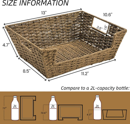 2 Pack Open Front Storage Baskets, Brown Paper Rope Woven Basket with Built-in Handles, 13''W x 10.6''D x 4.7''H Pantry Organzier Bins for Shelf, Bedroom, Living Room, Pantry