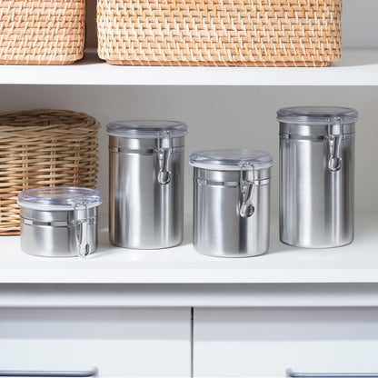 Oggi Stainless Steel Kitchen Canister 152 fl oz - Airtight Clamp Lid, Clear See-Thru Top - Ideal for Kitchen Storage, Food Storage, Pantry Storage. Jumbo Size 8" x 8".