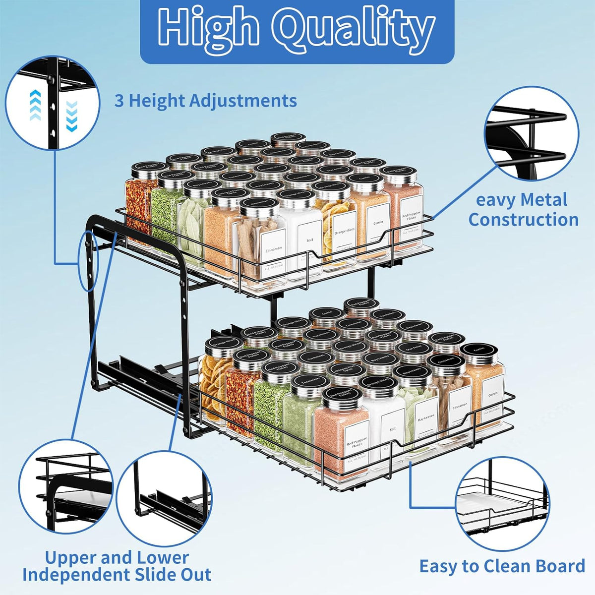 BOIVSHI 2-Tier Spice Rack, Pull Out Cabinet Organizer Spice Racks Height Adjustable Heavy Duty Metal Basket for Inside Cabinets & Pantry Closet(9.5''Wx10.5''Dx9.5''H)