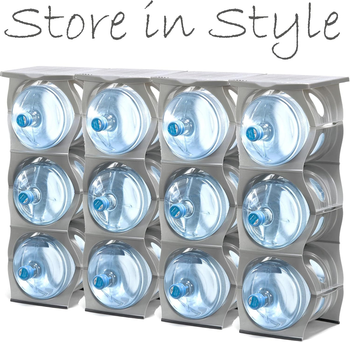 Bariboo Stackable Water Bottle Storage Rack Best Water Jugs 5 Gallon Organizer. Jug Holder for Kitchen, Cabinet and Office Organizing. Reinforced Polypropylene (Silver, 4 No Shelf)