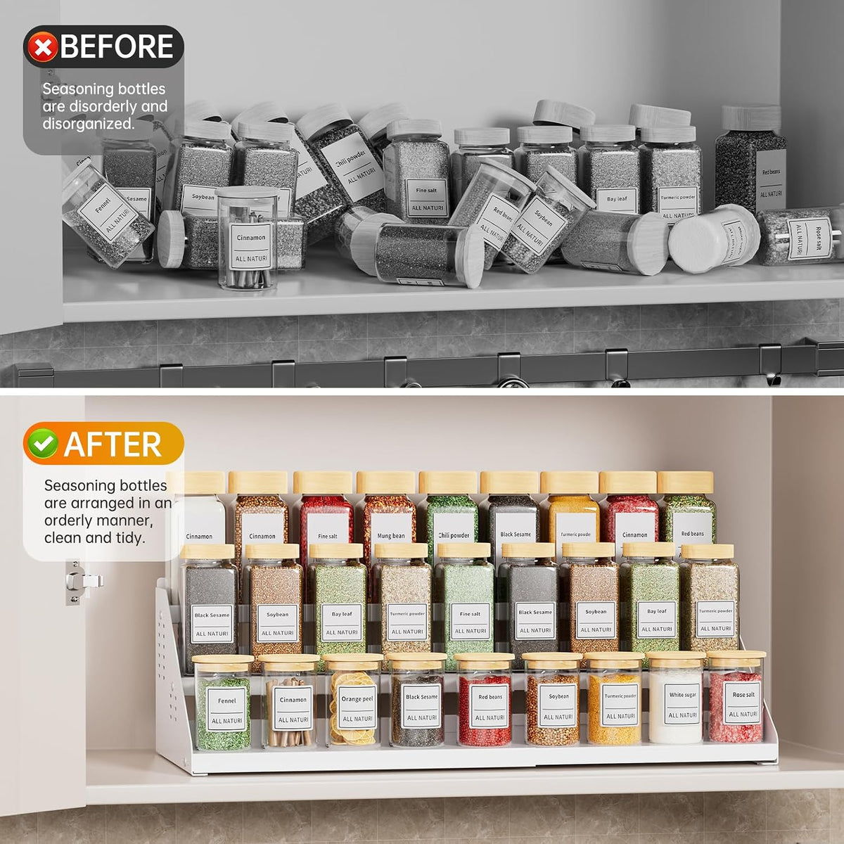 RCHYFEED Spice Rack Organizer for Cabinet, 3 Tier Spice Rack Expandable(13.4"-21.8"), Height Adjustable Spice Organization Shelf Metal Display Shelf, Spice Organization for Cabinet Countertop Pantry