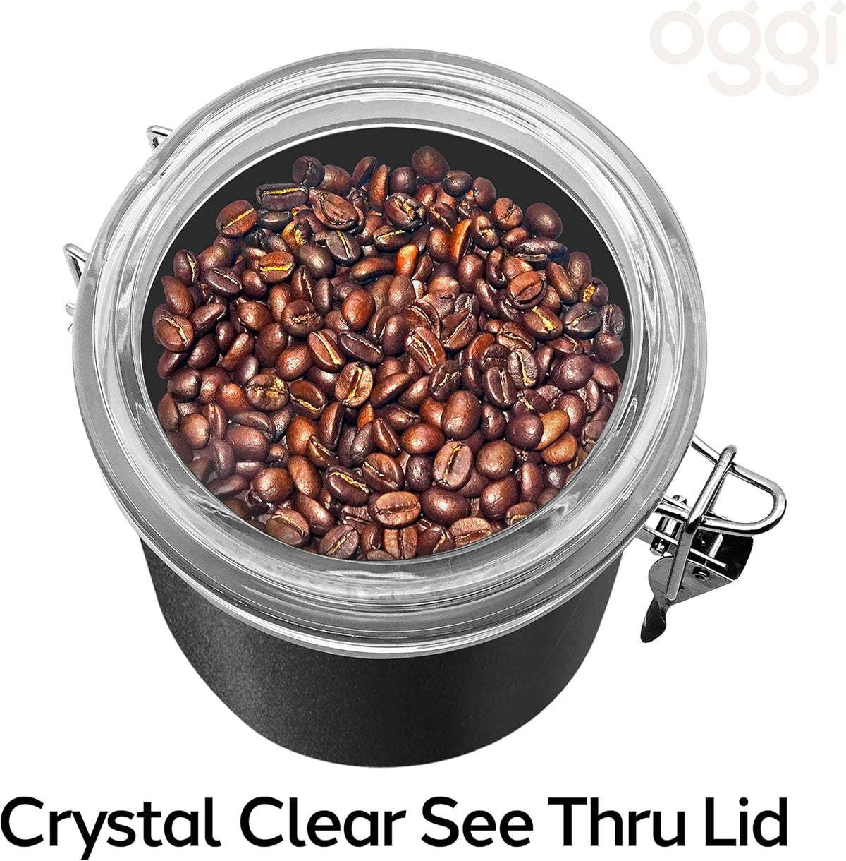 Oggi Stainless Steel Kitchen Canister 152 fl oz - Airtight Clamp Lid, Clear See-Thru Top - Ideal for Kitchen Storage, Food Storage, Pantry Storage. Jumbo Size 8" x 8".