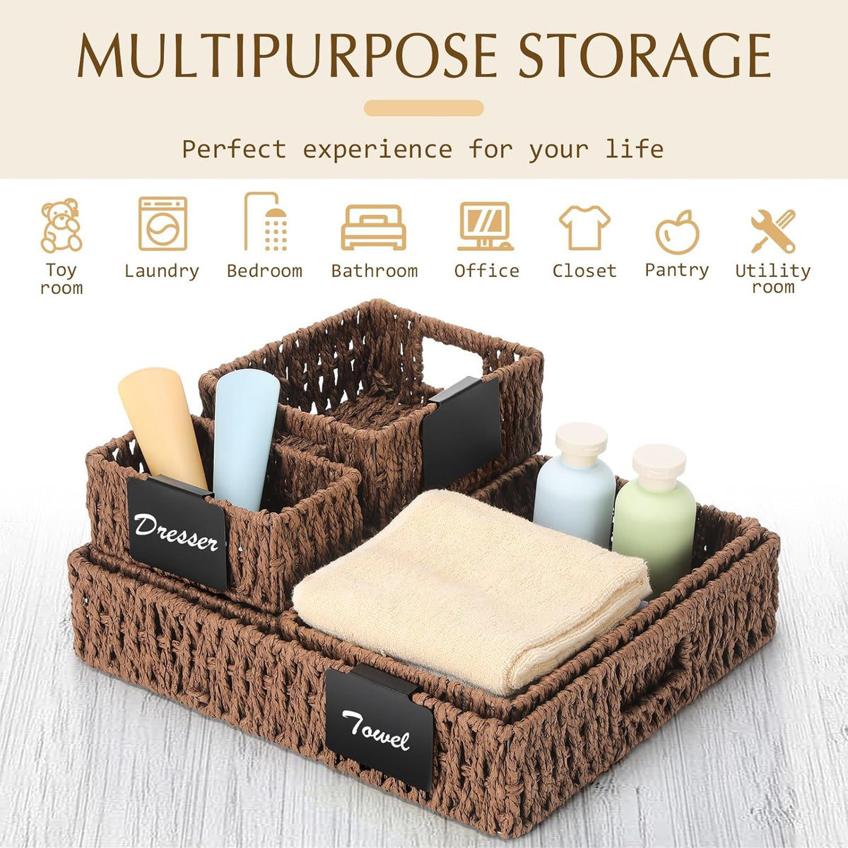 Marsui 9 Pcs Wicker Storage Baskets for Pantry Organization with Handle Labels Handwoven Multi-size Dark Brown Small Organizer Baskets Storage Bin Container for Shelves Closet Toilet Christmas Holiday