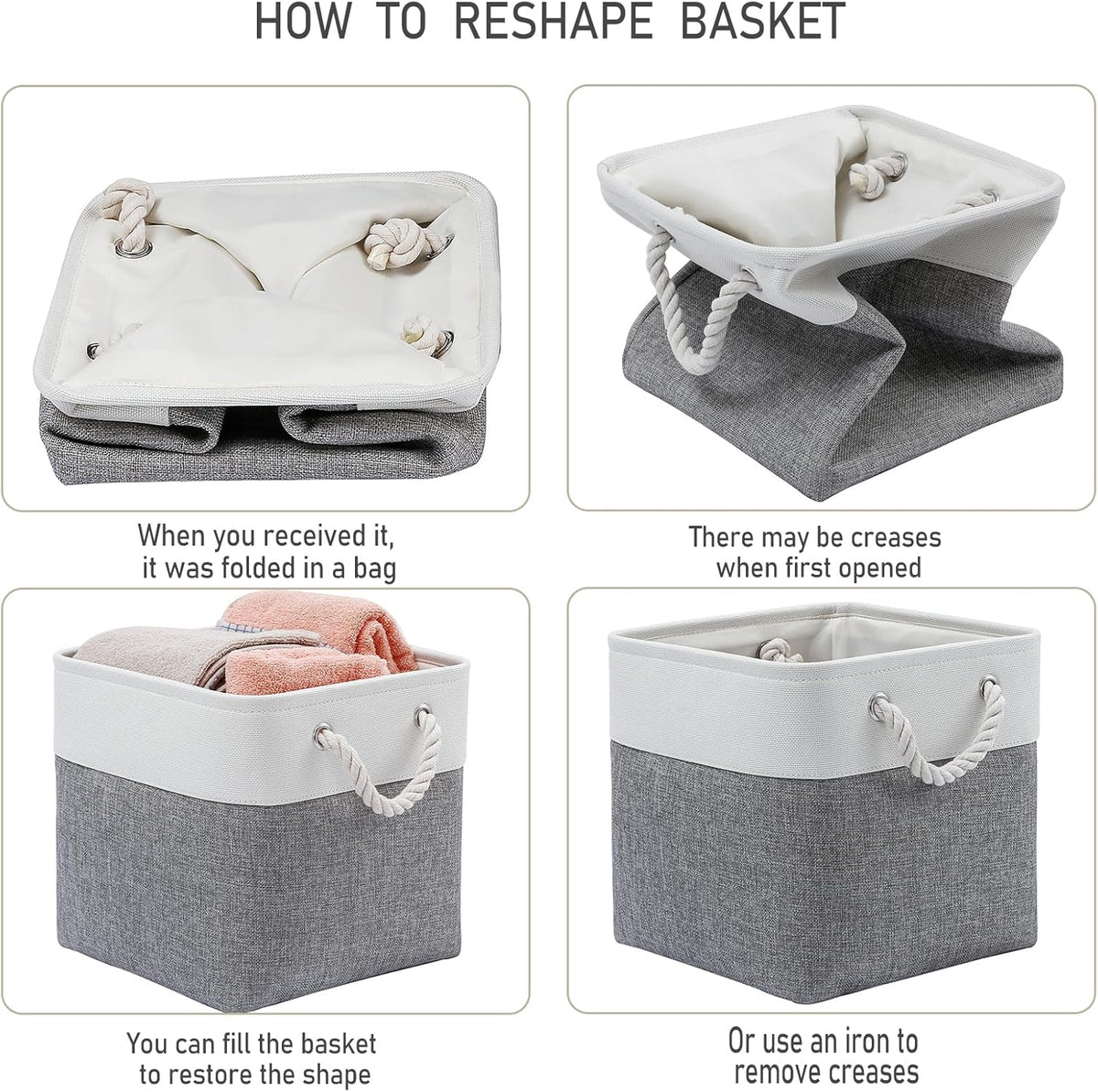 MidmmVick 13 x 13 Inch Cube Storage Bins, 6 Pack Extra Large Collapsible Fabric Storage Bin with Ropes, Foldable Storage Cubes for Home (White & Beige-13"x13"x13")