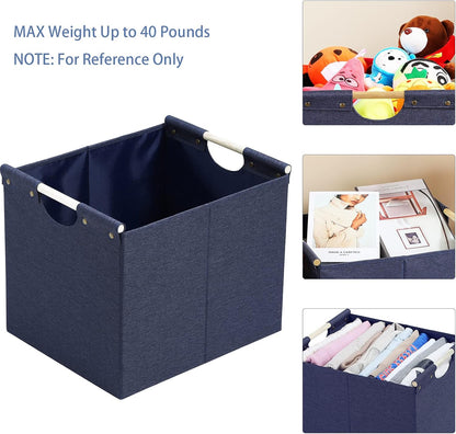 HOONEX Large Collapsible Storage Bins, Linen Fabric, Pack of 2, Storage Baskets with Wooden Carry Handles and Sturdy Heavy Cardboard, for Home, Office, Car, Nursery, Black