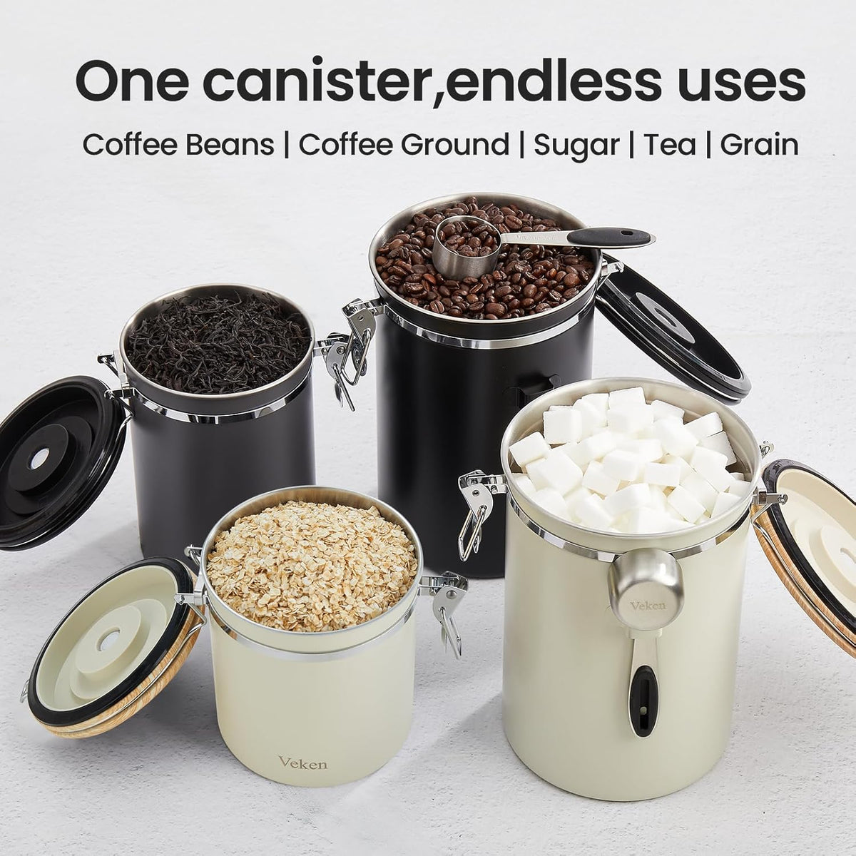Veken Coffee Canister, 39OZ Large, Mothers Day Gifts For Women, Airtight Stainless Steel Food Storage Container for 2.2lbs Coffee Beans, Ground, Sugar, Tea, Flour, Cereal,Kitchen Bar Accessories,Cream