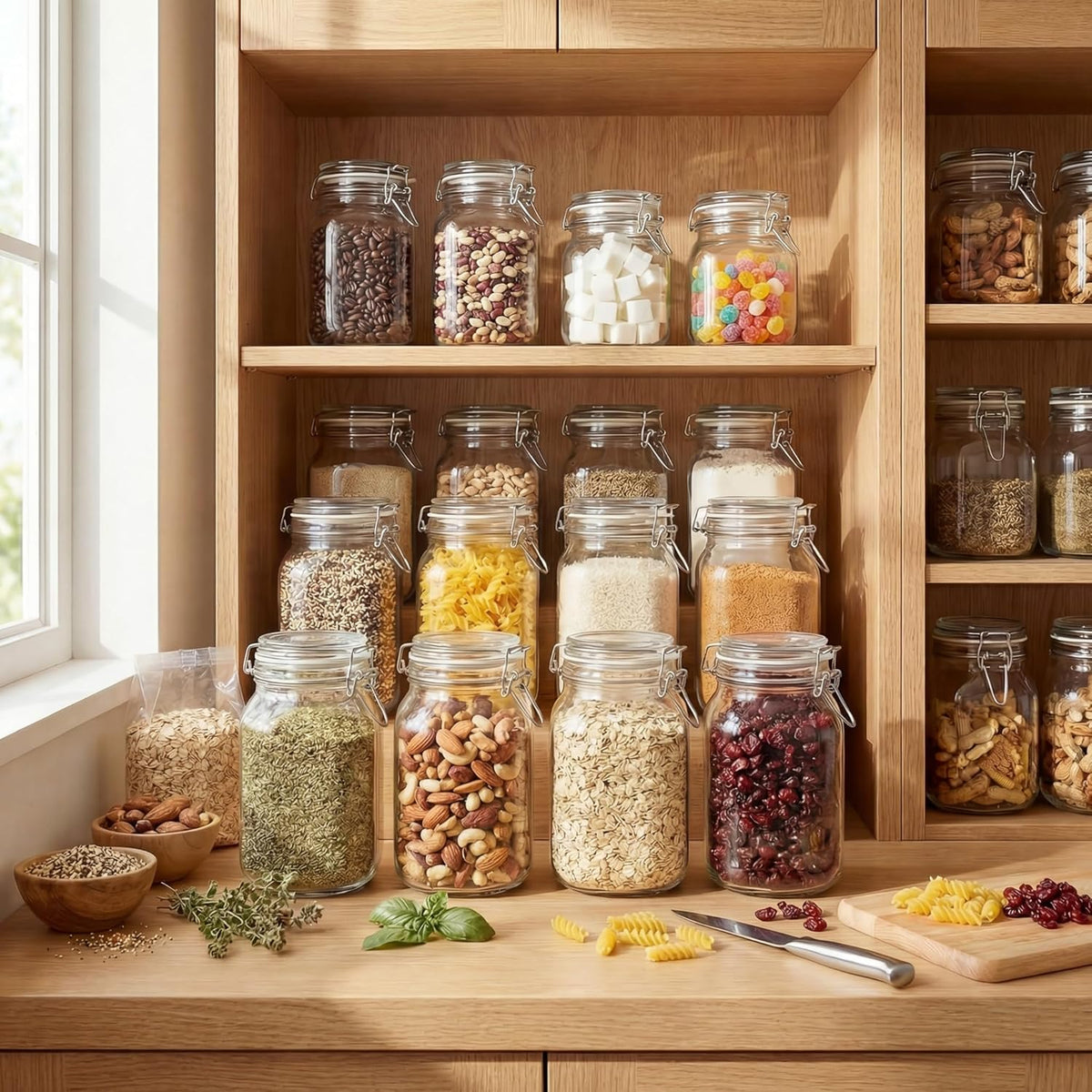 78oz - 3 Pack Square Glass Jars with Airtight Lid, Wide Mouth Mason Jars with Clamp Lids, Air Tight Glass Canisters, Best Food Storage Containers for Flour, Sugar, Cereal, Pasta, Rice, Coffee, Spice
