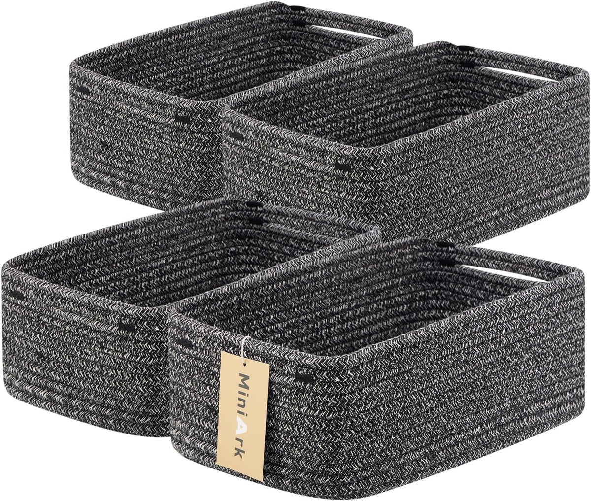 MiniArk Small Storage Baskets for Organizing | Closet Organizer Bins | Shelf Toy Basket | Woven Rope Baskets | Cube Decorative Box | Shallow Basket | L11.5xW7.5xH4.7| Brown